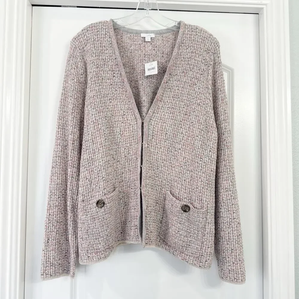J Jill Sweater Cardigan Pink Gray Girly Spring Knit Pockets Size Large New